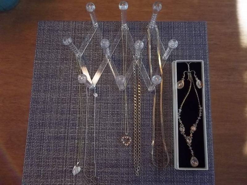 Lot Of Assorted Necklaces, Reversible Heart Pendant, Necklace & Earring Set, Acrylic Necklace Rack
