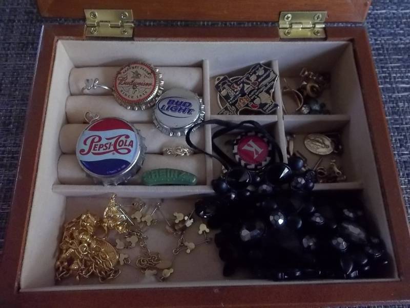 Jewelry Box & Contents-Budweiser Pins, Heinz Pickle Pin, Pepsi Magnet, Disney Charms, More