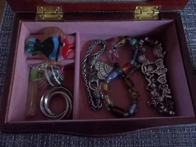 Jewelry Box & Contents - Pierced Earrings, Bracelets, Blown Glass Fish, Ring, Pin, Porcelain Trinket Box