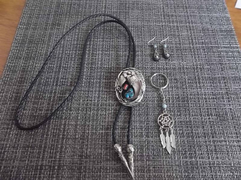 Southwest Bolo Tie, Key Fob, Pierced Earrings