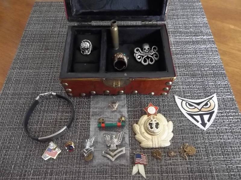 Treasure Chest Jewelry Box With Military & Other Pins, Skull & Other Rings