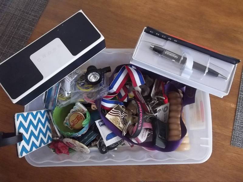 Rubbermaid Bin With Lid & Contents-Key Fobs, Magnets, Ear Plugs, Lanyards, More