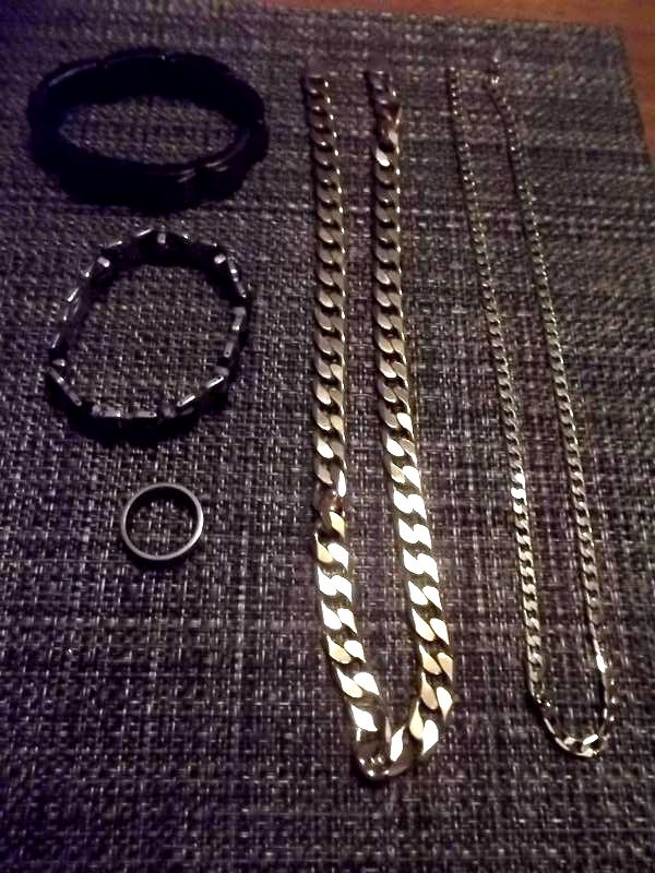 2-Mens Link Bracelets, 1-Ring (Steeltime), 2- Gold Tone Chains