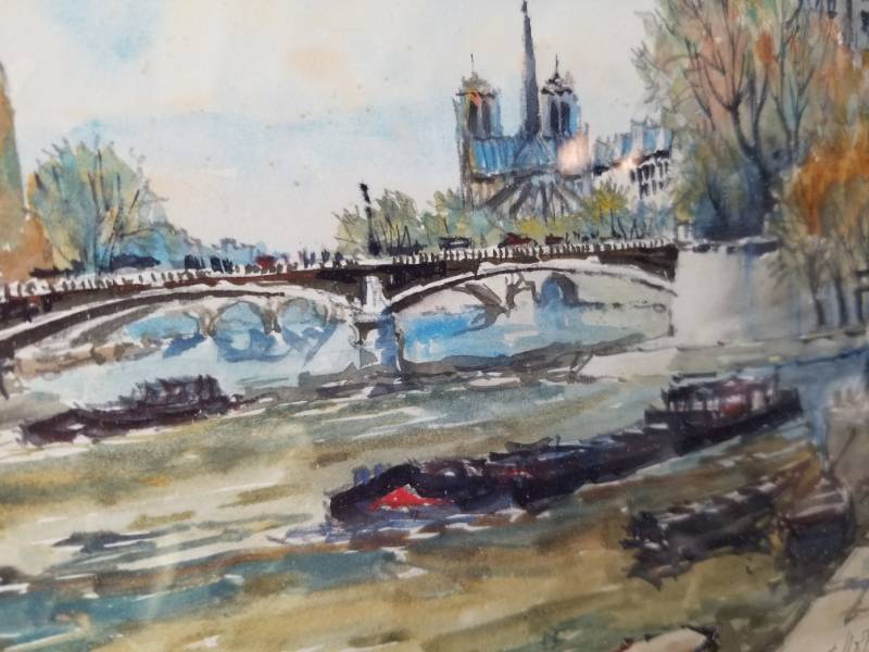 lot 48 image: Hand Titled Pierre Cambier Print - Paris et Notre Dame