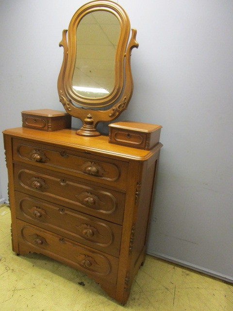 lot 402 image: ANTIQUE SOLID WOOD DRESSER WITH MIRROR