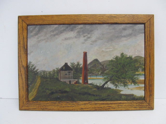 lot 50 image: Antique 1890s Framed Riverbank Building wSmokestack Oil on Board Painting