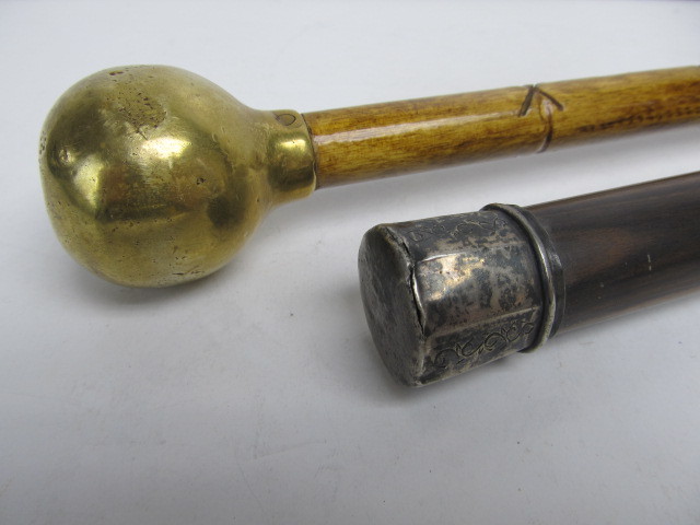 lot 106 image: Vintage Sterling Silver & Solid Brass Ball Handle Walking Sticks