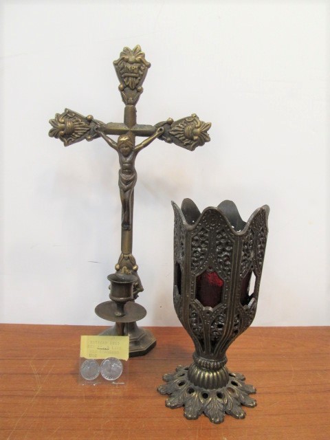 lot 171 image: Vintage Brass Crucifix Chalice Votive Candle Holder & Vatican Coins