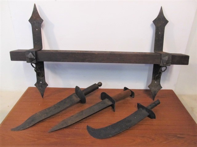 lot 114 image: LARGE Vintage Medieval Style Wood & Iron Gothic Weapon Rack