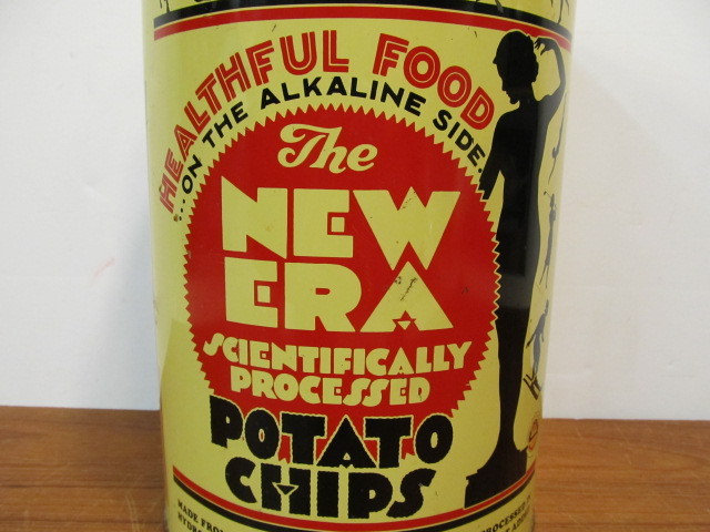 lot 123 image: Large Vintage NEW ERA Advertising Potato chip Metal Can wLid