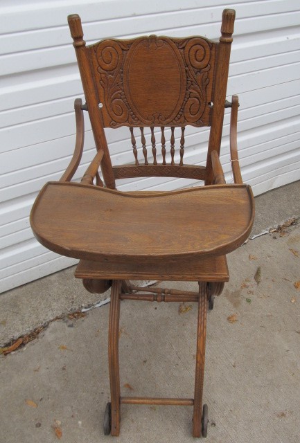 lot 232 image: Very Nice Antique Folding High Chair wCast Iron Wheels