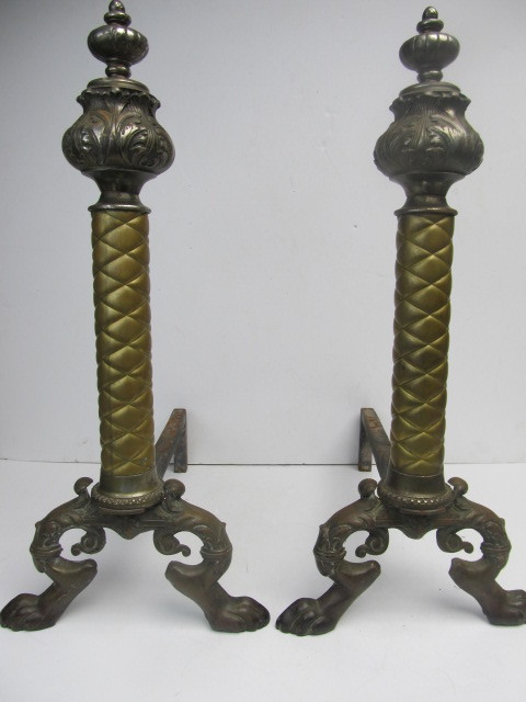 lot 1 image: Wonderful Set of Antique Claw Foot Brass Andirons