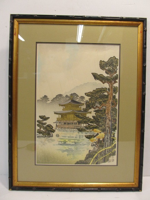 lot 255 image: Vintage Woodblock Print Golden Pavilion in Kyoto Signed Nisaburo Ito