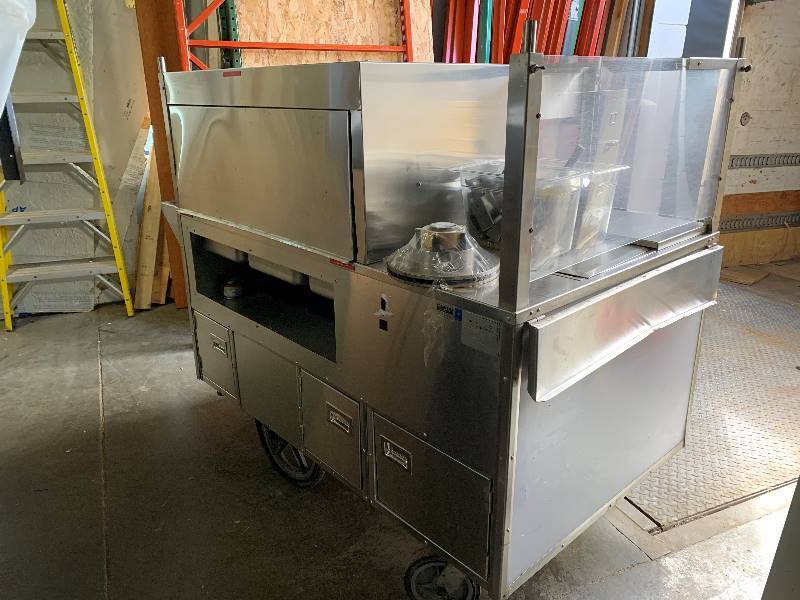 lot 27 image: Carts of Colorado Stainless Steel Hot Dog Cart on Wheels - 60.5 x 36.5 x 57