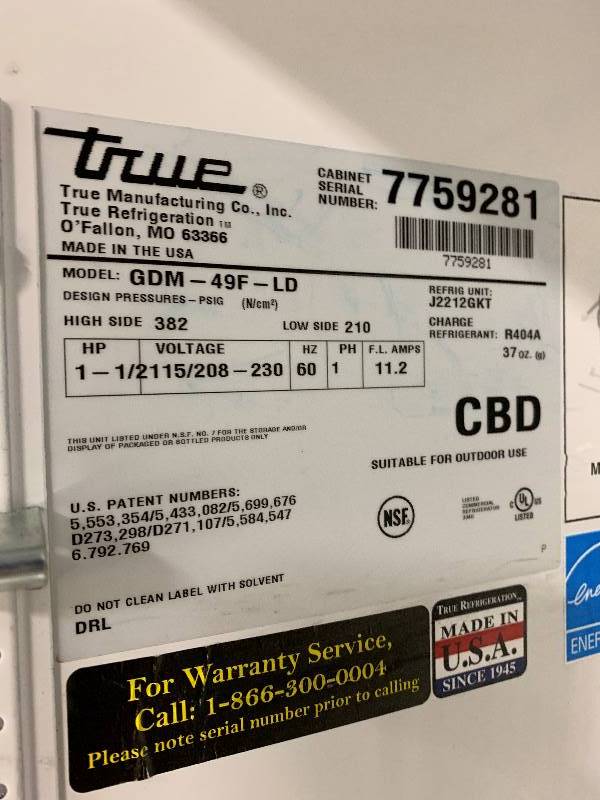 True Single Glass Door Freezer - Model # GDM-23F - 115 Volts - 10.6 Amps - 30 x 31 x 79 - NSFRuns Freezes