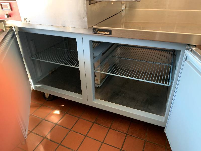 Delfield 2 Door Stainless Steel Cooler with Stainless Steel Work Top on Casters - Model # F18WC68 - 115 Volts - 10 Amps - 68 x 31.5 x 40 with 4 Backsplash - NSF ApprovedRuns Cools