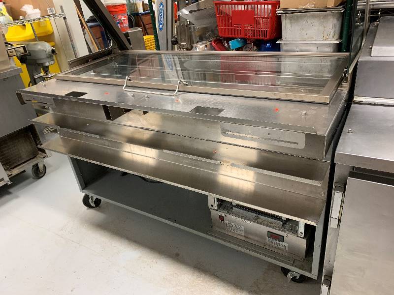 lot 30 image: Duke Refrigerated Prep Table with Display Front Glass WindowDay Cover, Model SWD700-60FLM, 60x34x57.5, 120V-Runs Cools