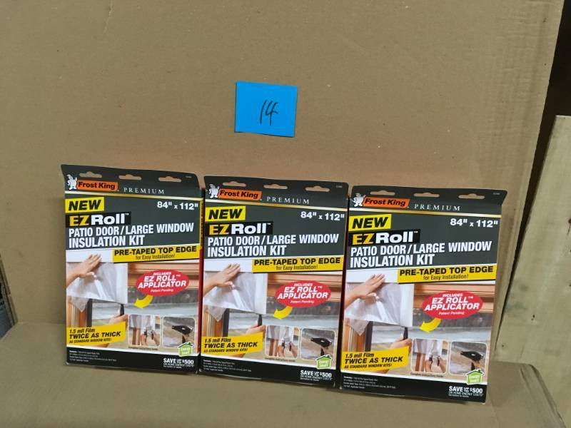 lot 14 image: Lot of 3 Frost King EO 84 in. x 112 in. Premium Heavy-Duty EZ Roll-on Shrink Patio DoorLarge Window Insulation Kit New
