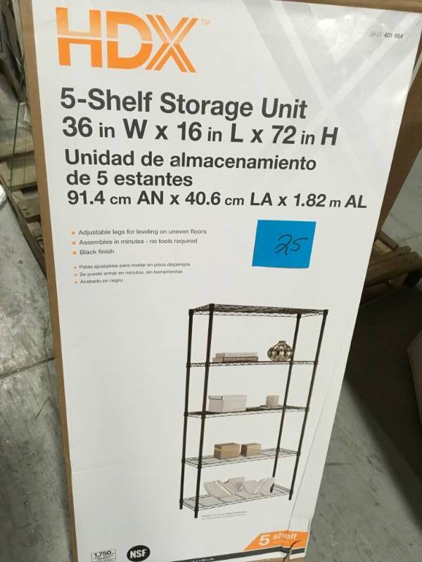 lot 25 image: 72 in. H x 36 in. W x 16 in. D 5-Tier Wire Shelving Unit in Black in very good condition