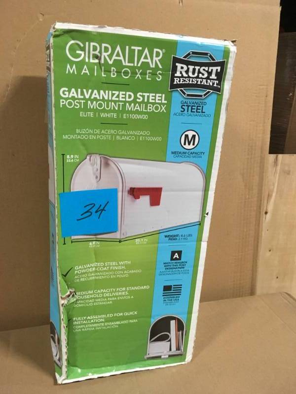lot 34 image: Gibraltar Mailboxes Elite White Medium Galvanized Steel Post-Mount Mailbox in very good condition