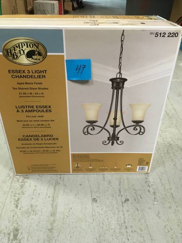 lot 47 image: Essex 3-Light Aged Black Chandelier with Tea Stained Glass Shades not used