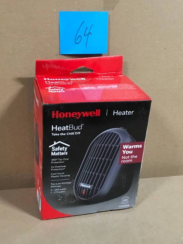 lot 64 image: Honeywell 250-Watt Heat Bud Personal Ceramic Portable Heater in very good condition