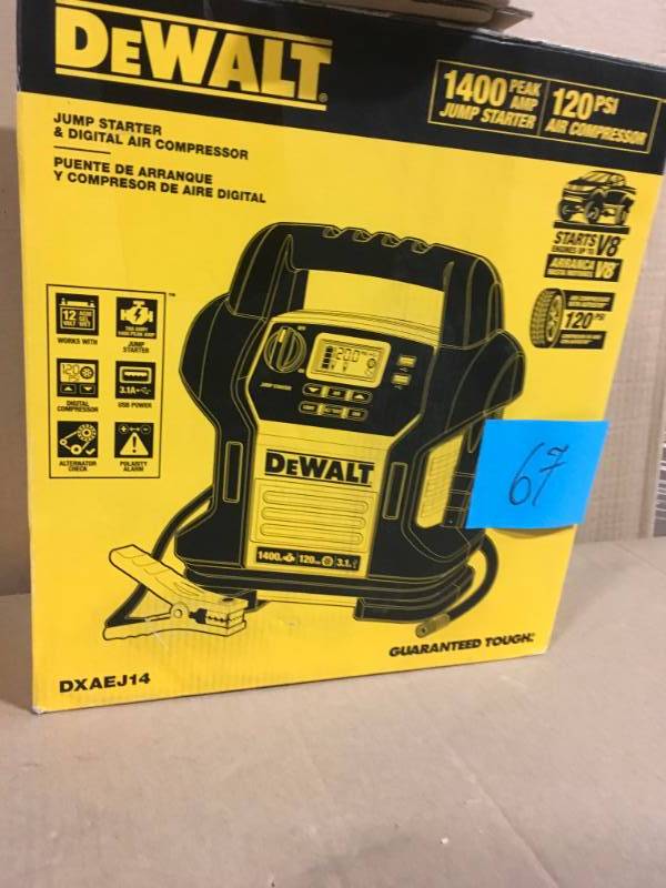 lot 67 image: DEWALT 1400 Peak Amp Jump Starter with Digital Compressor in very good condition