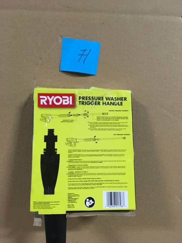 lot 71 image: RYOBI 3,300 PSI Pressure Washer Trigger Gun Kit in very good condition
