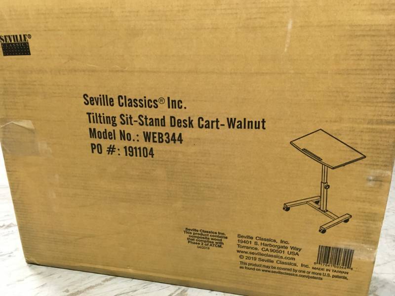 lot 76 image: AIRLIFT Walnut Gray Tilting Mobile Laptop Computer Desk Cart w Stopper Ledge Adjustable Height Range 23.6 to 36.4 in by Seville Classics in very good condition