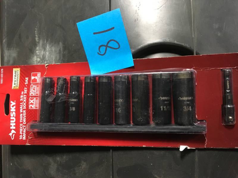 lot 81 image: Husky 38 in. Drive Thin Wall Deep Impact Socket Set SAE (10-Piece) in very good condition