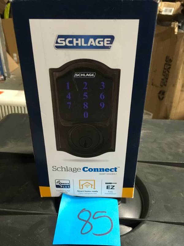 lot 85 image: Schlage Camelot Aged Bronze Connect Smart Door Lock with Alarm in very good condition