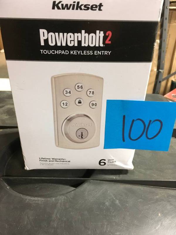 lot 100 image: Kwikset Powerbolt2 Satin Nickel Single Cylinder Electronic Deadbolt Featuring SmartKey Security in very good condition