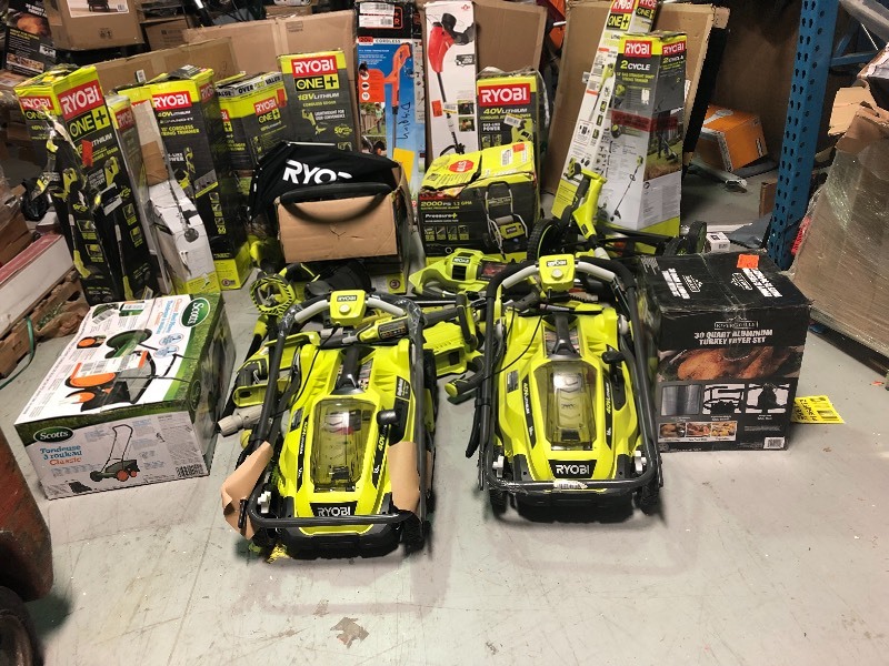 lot 108 image: WHOLESALE MIXED PALLET OF RETURNS  Patio ,tools, trimmers, blower and more all different conditions