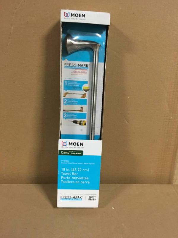 Darcy 18 in. Towel Bar with Press and Mark in Brushed Nickel in very good condition