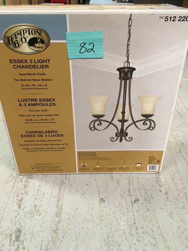 Essex 3-Light Aged Black Chandelier with Tea Stained Glass Shades not used