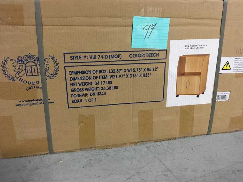 Hodedah Microwave Cart with One Drawer, Two Doors, and Shelf for Storage,not used