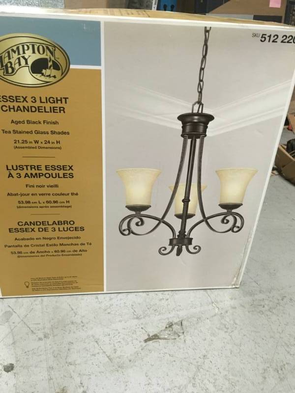 lot 2 image: Essex 3-Light Aged Black Chandelier with Tea Stained Glass Shades not used
