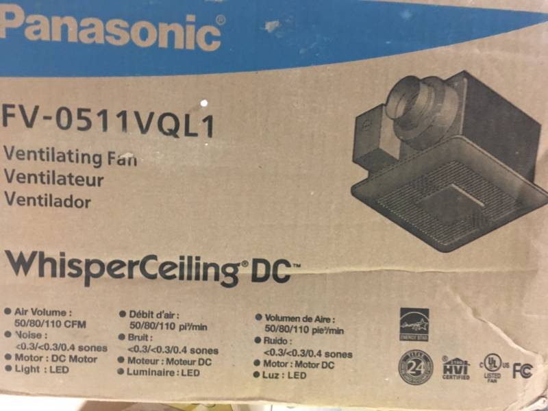 lot 9 image: Panasonic WhisperCeiling DC fan with LED lights, Pick-A-Flow Speed Selector 50, 80 or 110 CFM and Flex-Z Fast install bracket in good condition