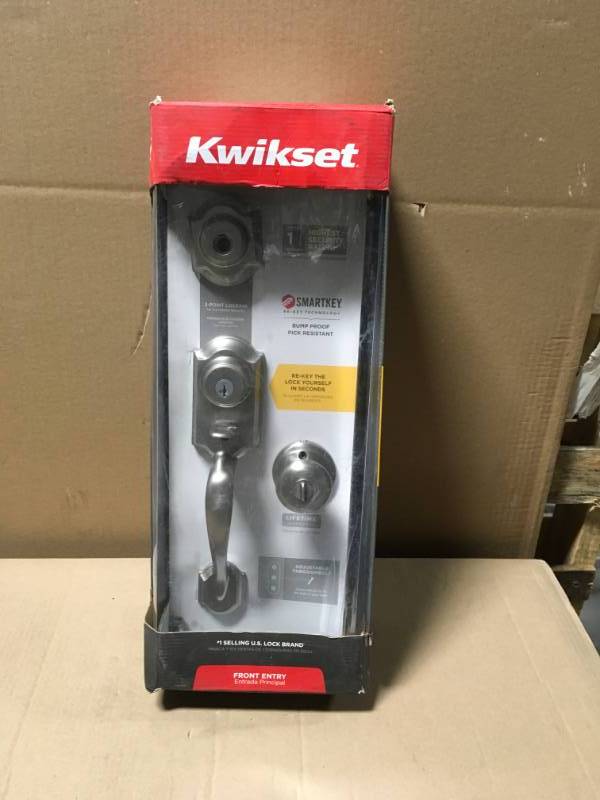 lot 22 image: Kwikset Montara Satin Nickel Single Cylinder Door Handleset with Juno Entry Door Knob Featuring SmartKey Security in good condition