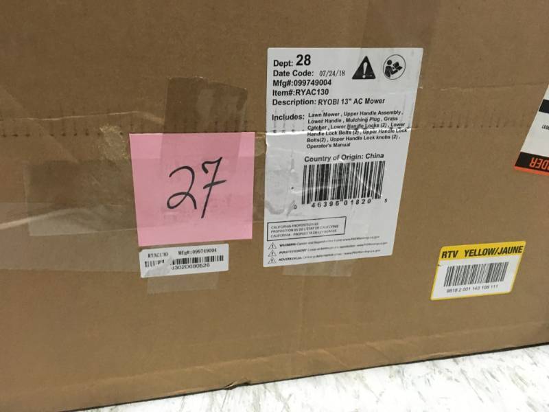 lot 27 image: RYOBI 13 in. 11 Amp Corded Electric Walk Behind Push Mower in good condition