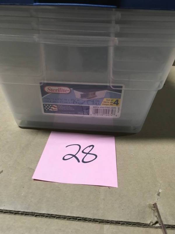 lot 28 image: Sterilite 1641 6-Qt Storage Box. Clear with Blue Lid Pack of 4 in good condition