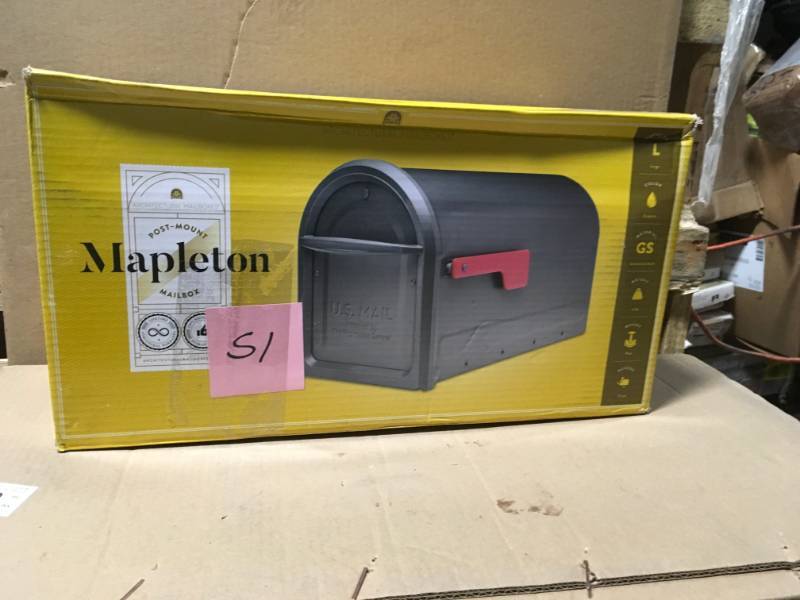 lot 51 image: Architectural Mailboxes Mapleton Post Mount Mailbox Graphite with Red Flag in good condition
