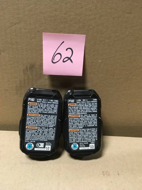 lot 62 image: RYOBI 18-Volt ONE 2.0 Ah Lithium-Ion Compact Battery (2-Pack) in good condition