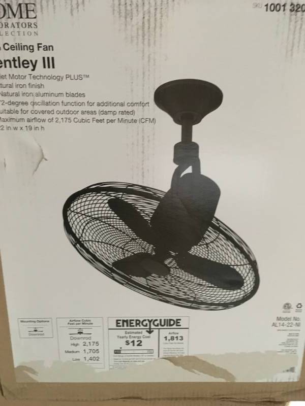 lot 66 image: Home Decorators Collection Bentley III 22 in. IndoorOutdoor Natural Iron Oscillating Ceiling Fan in good condition