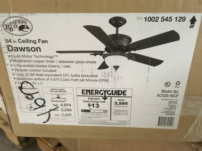 lot 68 image: Hampton Bay Dawson 54 in. Indoor Weathered Copper Ceiling Fan with Light Kit in good condition
