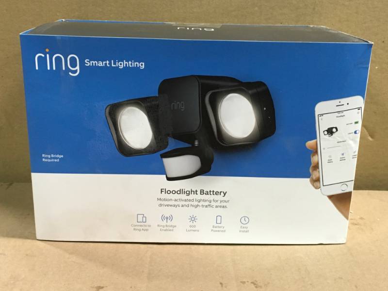 lot 74 image: Ring Smart Lighting Black Motion Activated Outdoor Integrated LED Flood Light Battery in good condition
