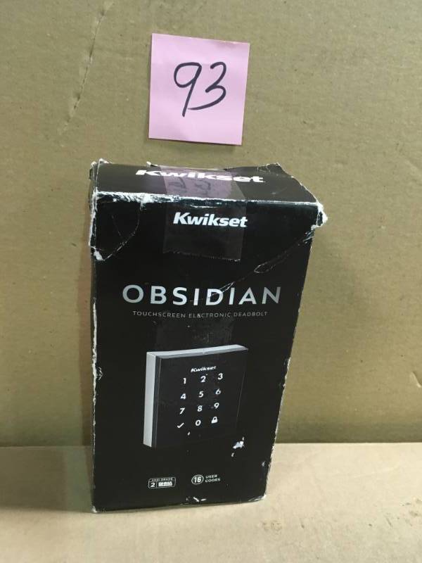 lot 93 image: Kwikset Obsidian Satin Nickel Keyless Electronic Touchscreen Deadbolt in good condition