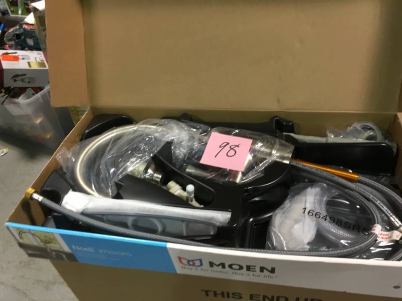 lot 98 image: MOEN Noell Single-Handle Standard Kitchen Faucet with Side Sprayer in Spot Resist Stainless in good condition