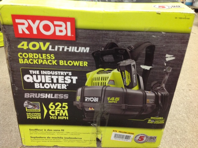lot 103 image: RYOBI 145 MPH 625 CFM 40-Volt Lithium-Ion Cordless Backpack Blower 5 Ah Battery and Charger Included in good conditions