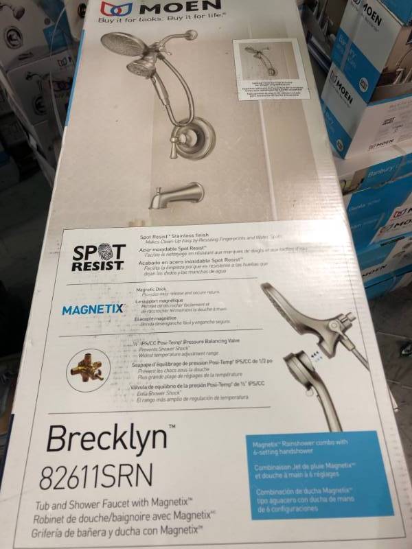 lot 107 image: MOEN Brecklyn Single-Handle 6-Spray Tub and Shower Faucet with Magnetix Rainshower Combo in Spot Resist Brushed Nickel in good conditions